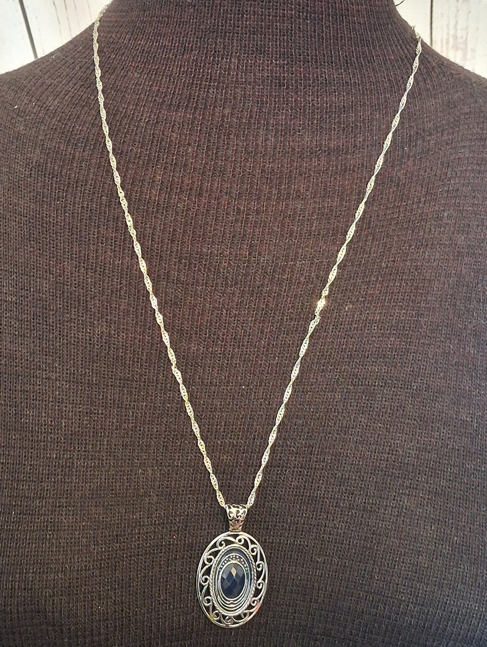 Lia Sophia Silvertone Filigree Pendant Necklace with Dark Blue Stone